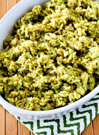 Easy Pesto Lemon Rice finished rice in serving dish