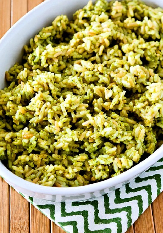 Easy Pesto Lemon Rice finished rice in serving dish