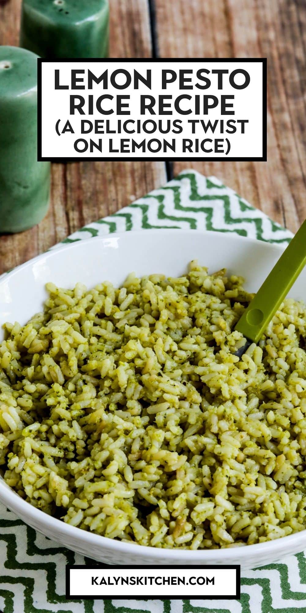 Pinterest image for Lemon Pesto Rice Recipe showing rice in serving bowl.