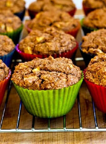 Square image for Low-Sugar Apple Bran Muffins shown on cooling rack.