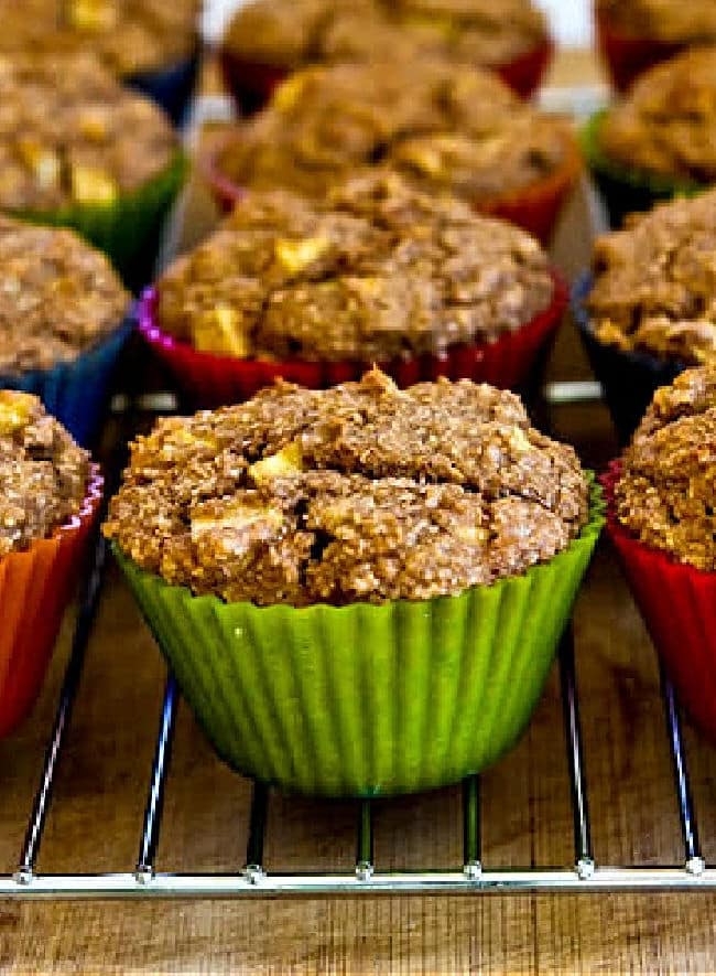 Cropped image for Low-Sugar Apple Bran Muffins shown on baking rack.