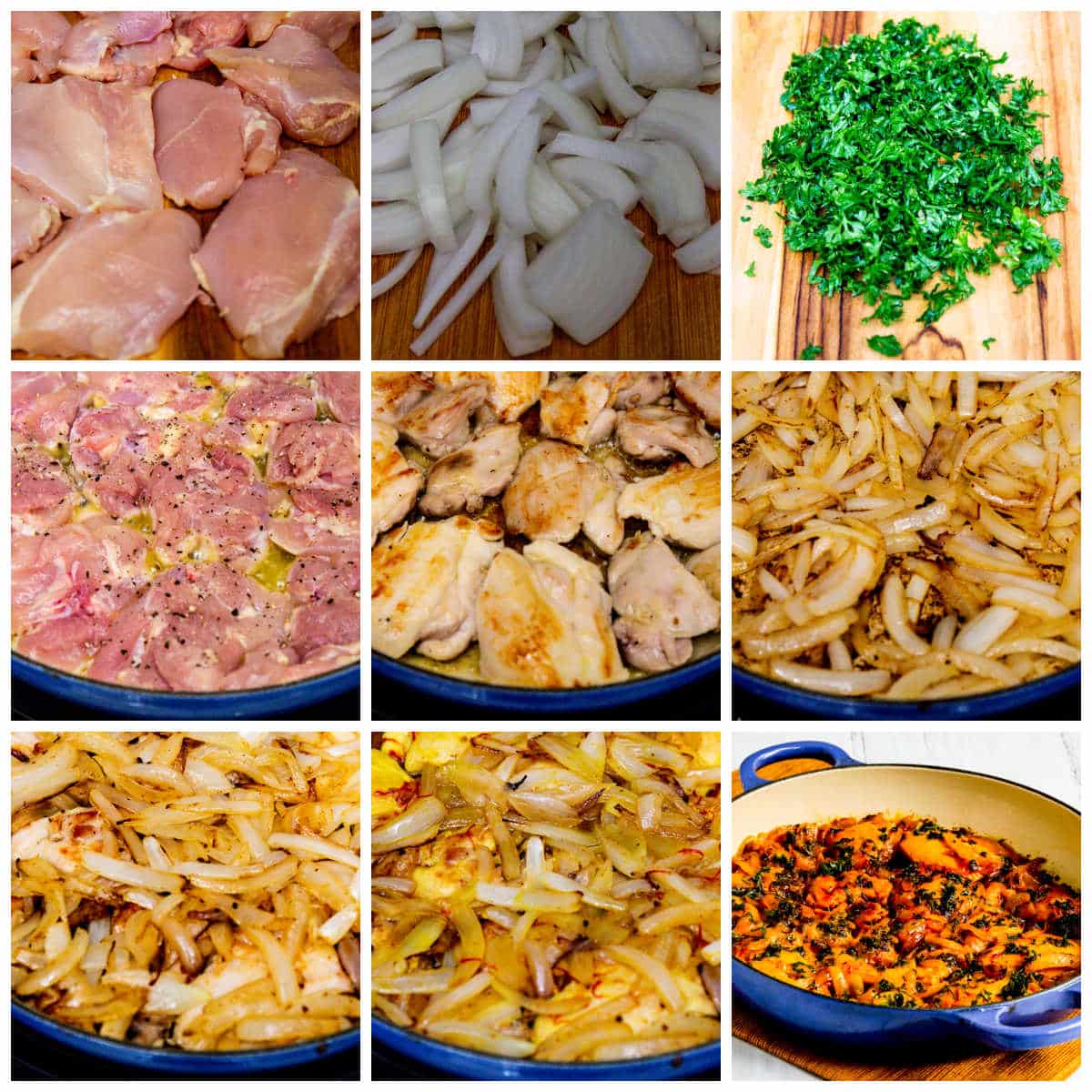Collage of recipe steps for Saffron Chicken with Parsley and Lemon.
