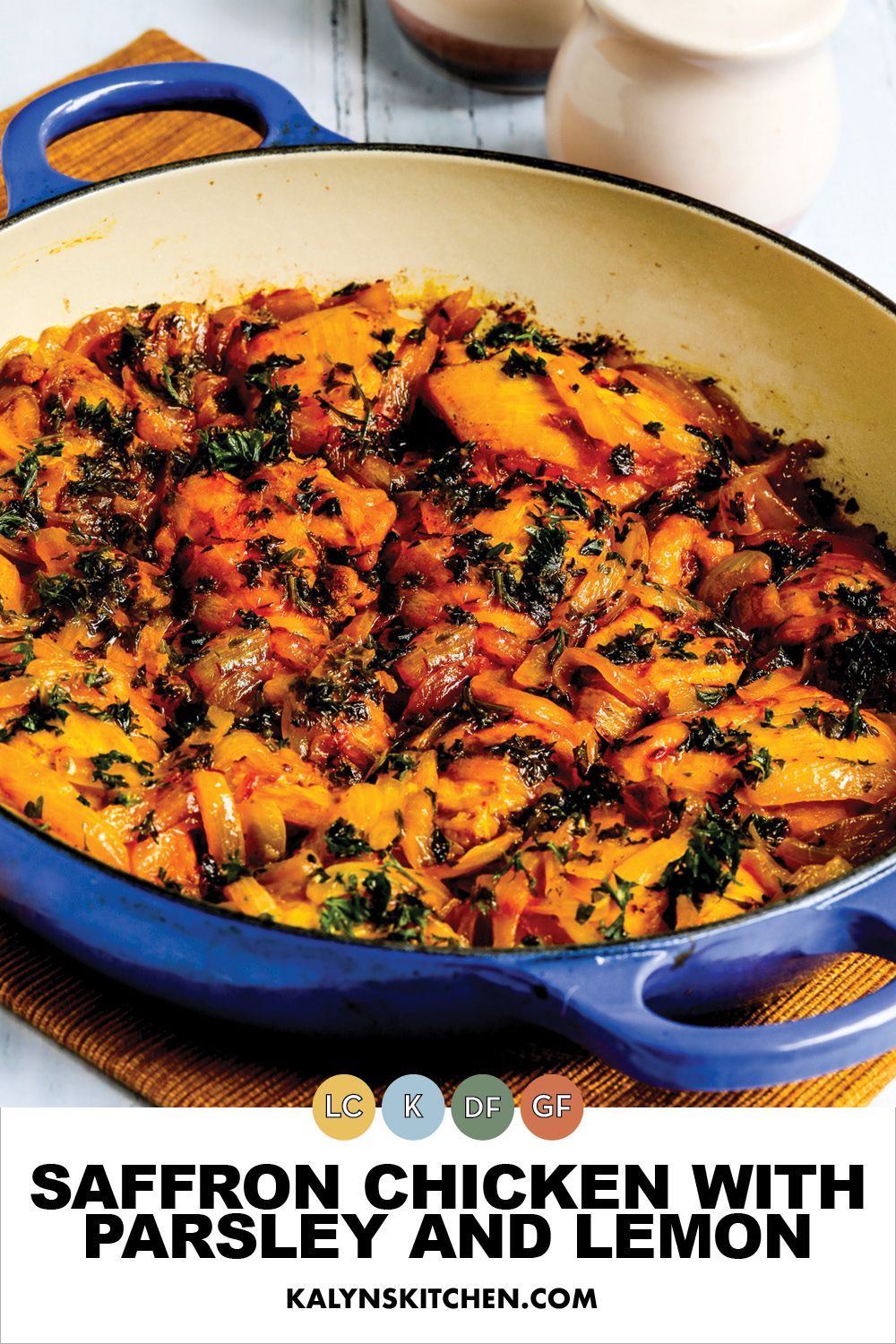 Pinterest image for Saffron Chicken with Parsley and Lemon shown in pan.