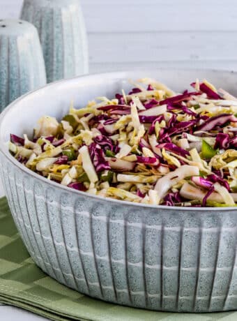 Square image for No-Mayo Vinegar Coleslaw shown in serving bowl.