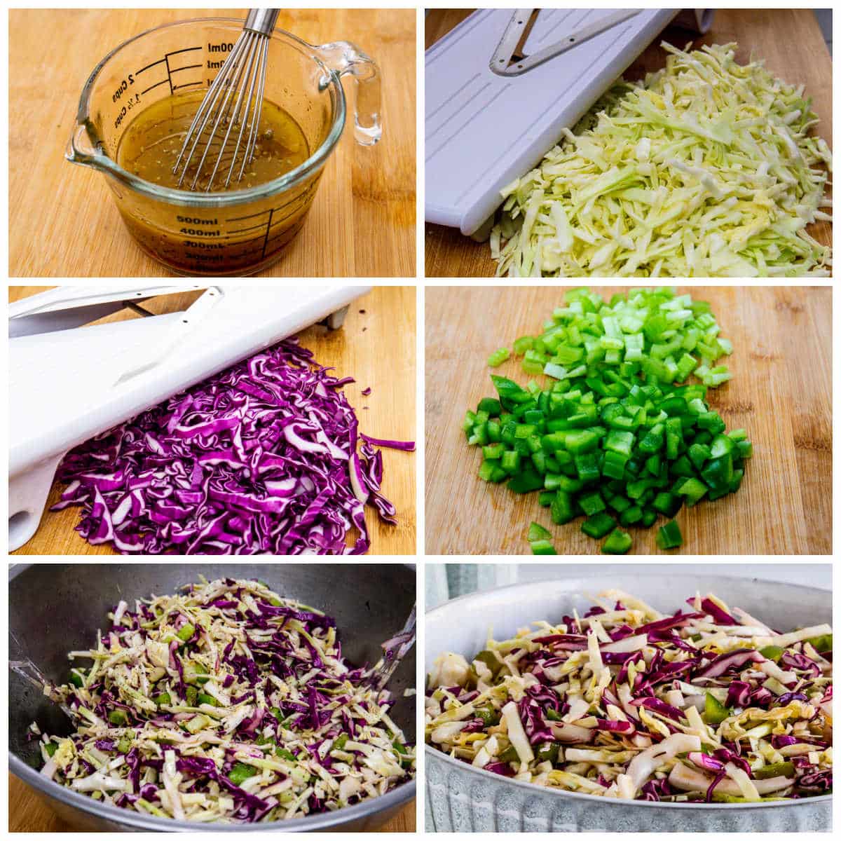 Collage of recipe steps for No-Mayo Vinegar Coleslaw recipe.