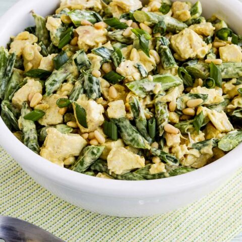Low-Carb Curried Chicken Salad with Asparagus and Pine Nuts found on KalynsKitchen.com