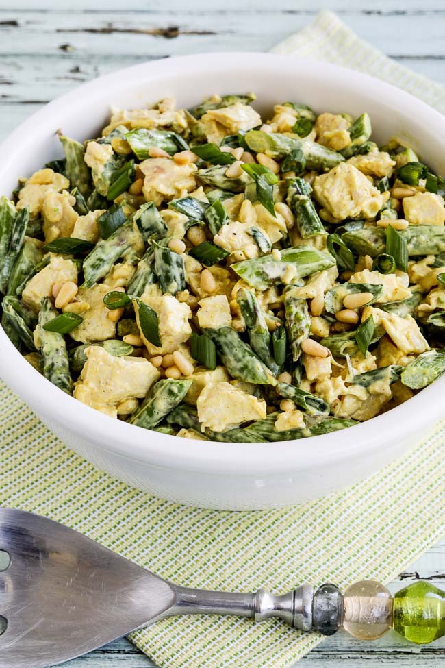 Low-Carb Curried Chicken Salad with Asparagus and Pine Nuts found on KalynsKitchen.com