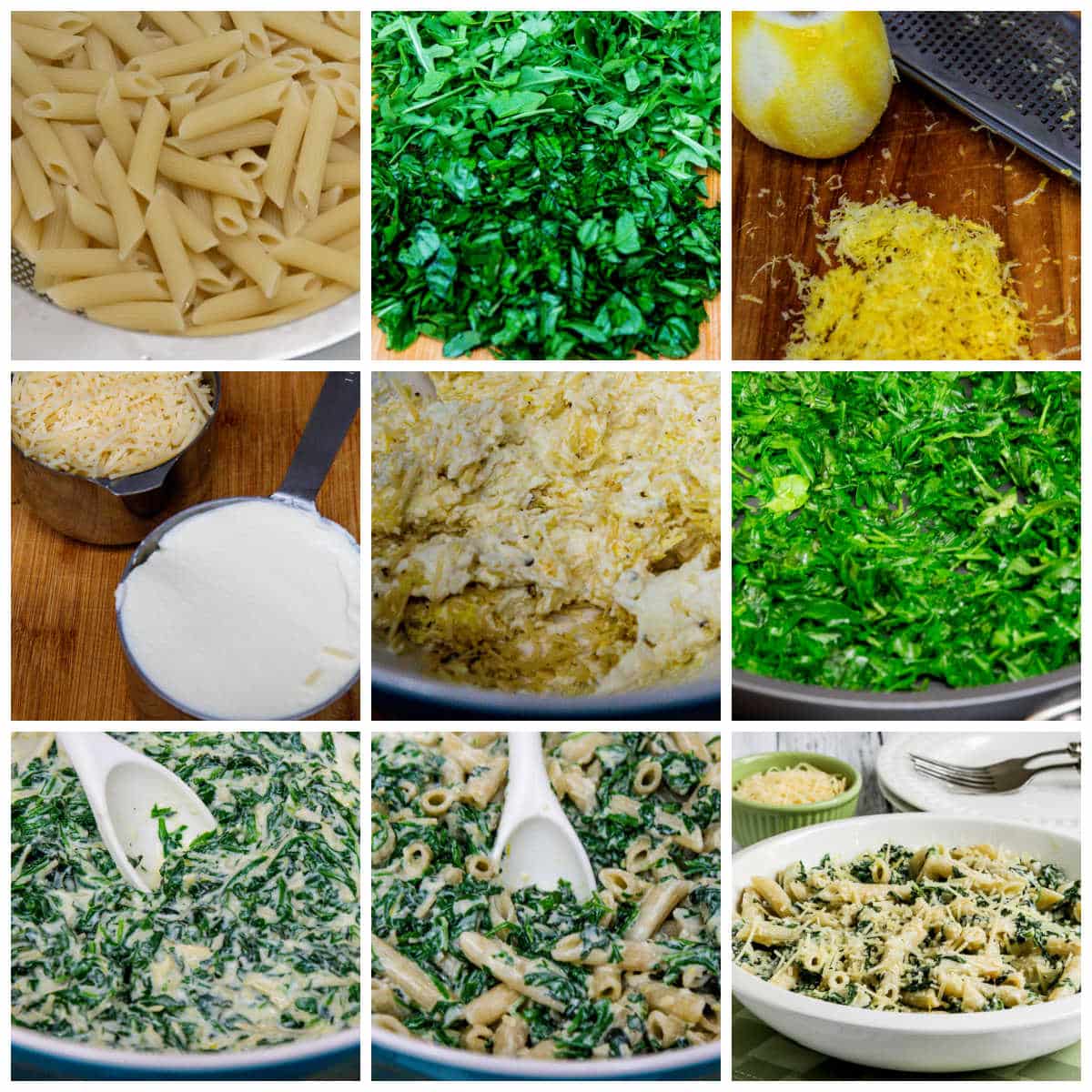 Pasta with Creamy Arugula Sauce collage of recipe steps
