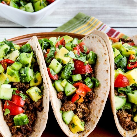 close-up photo for Ground Beef Tacos with Tomato-Avocado Salsa