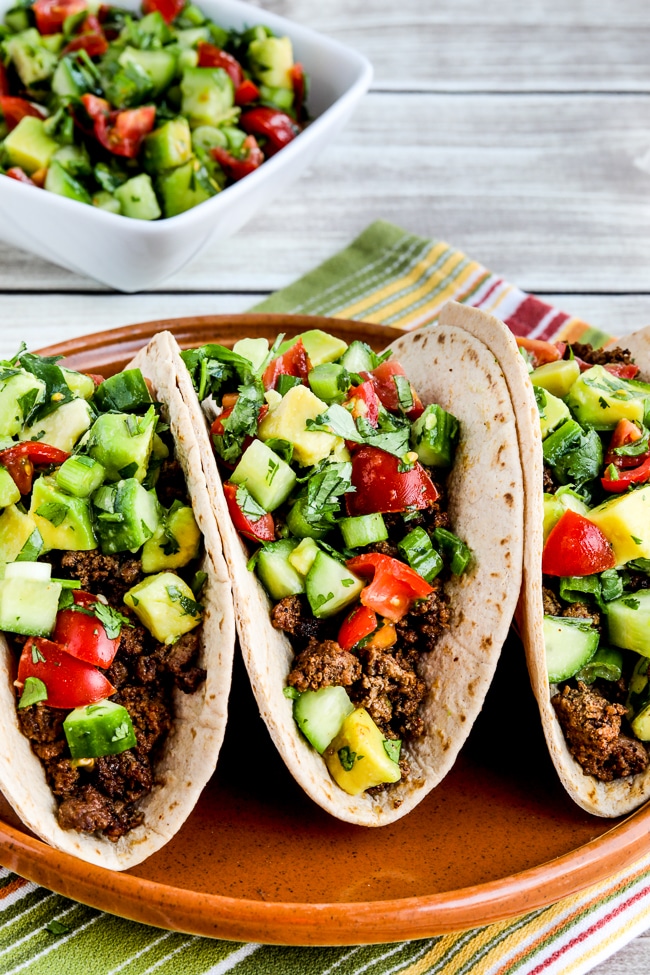 close-up photo for Ground Beef Tacos with Tomato-Avocado Salsa