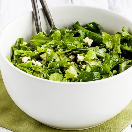 Arugula, Kale, and Gorgonzola Salad with Balsamic Vinegar found on KalynsKitchen.com