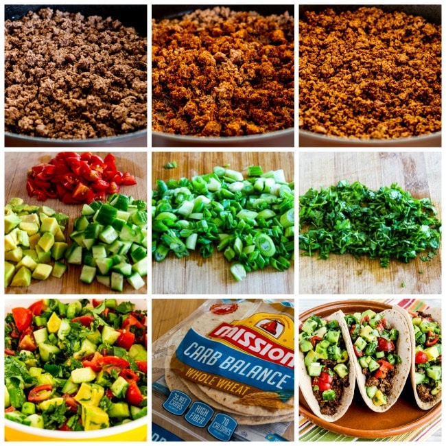 Ground Beef Tacos with Tomato-Avocado Salsa process shots collage