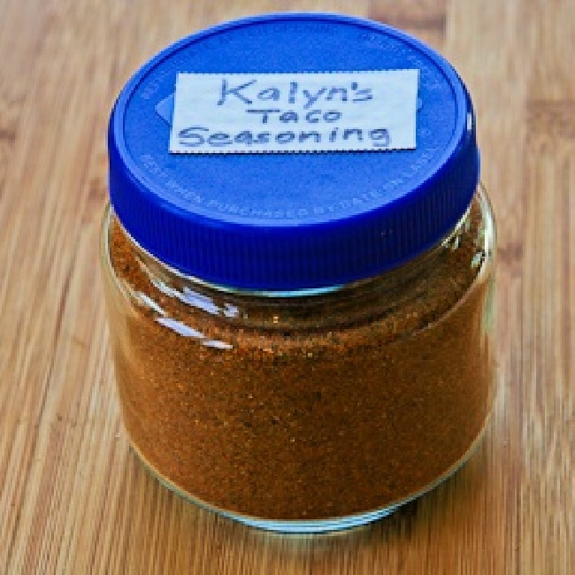 Kalyn's Taco Seasoning Mix shown in glass jar with label.