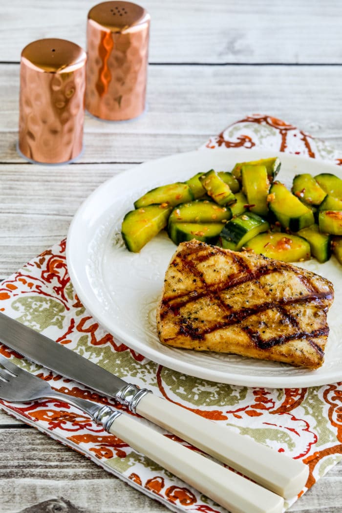 Kalyn's Lake Powell Fish Marinade grilled fish on serving plate with cucumber salad