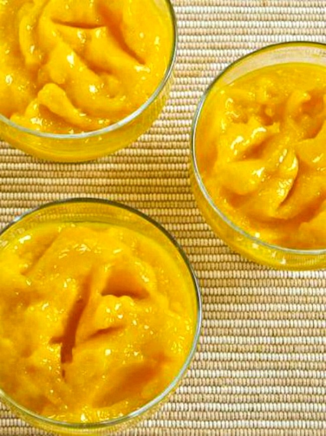 Low-Sugar Mango Sorbet finished sorbet in bowls