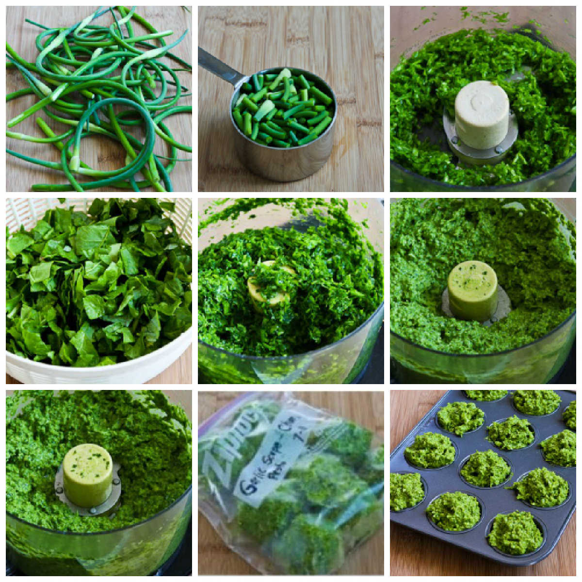 Garlic Scape Pesto with Chard collage of recipe steps