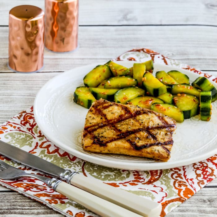 Kalyn's Lake Powell Fish Marinade grilled fish on serving plate with cucumber salad, thumbnail image