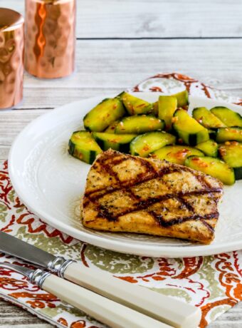 Kalyn's Lake Powell Fish Marinade grilled fish on serving plate with cucumber salad, thumbnail image