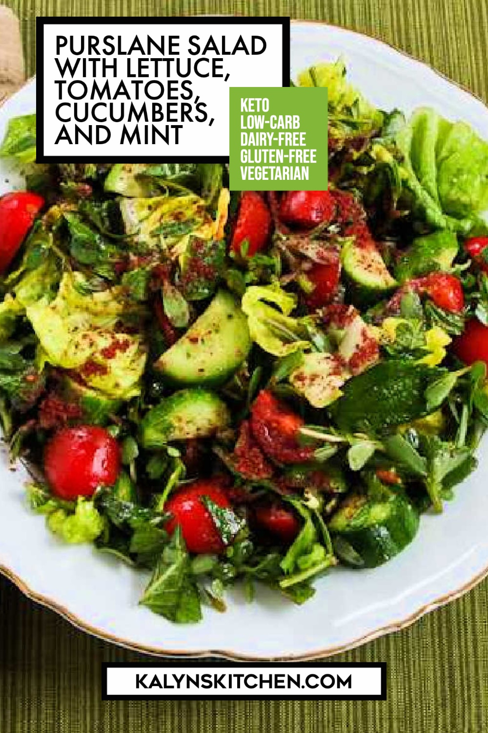Pinterest image of Purslane Salad with Lettuce, Tomatoes, Cucumbers, and Mint