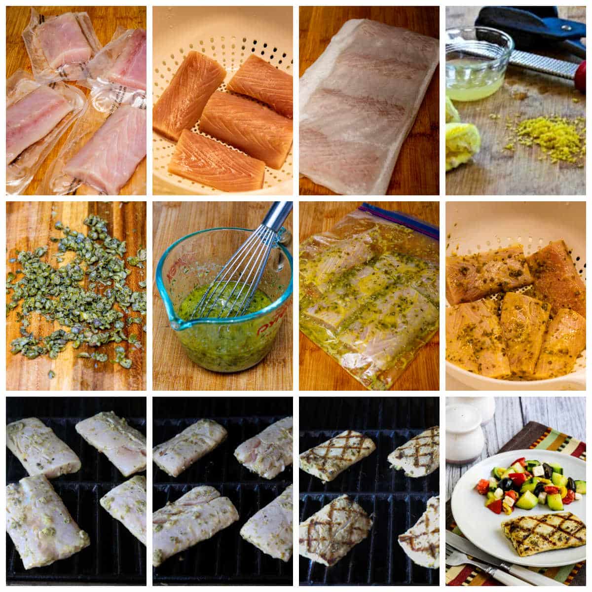 A collage of recipe steps for grilled fish with lemon and capers.
