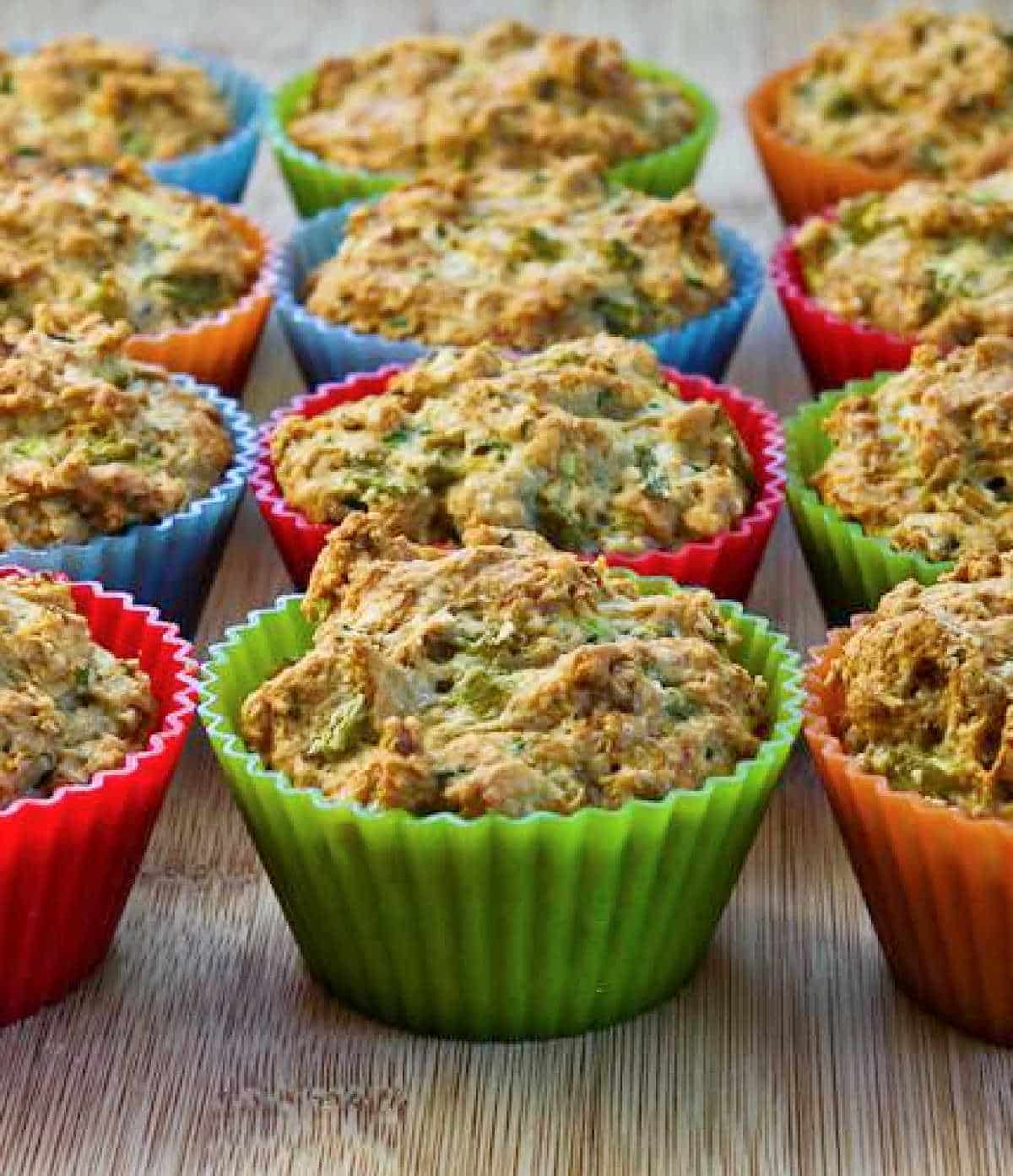 Savory Zucchini Muffins with Green Chiles vertical photo of rows of muffins on cutting board
