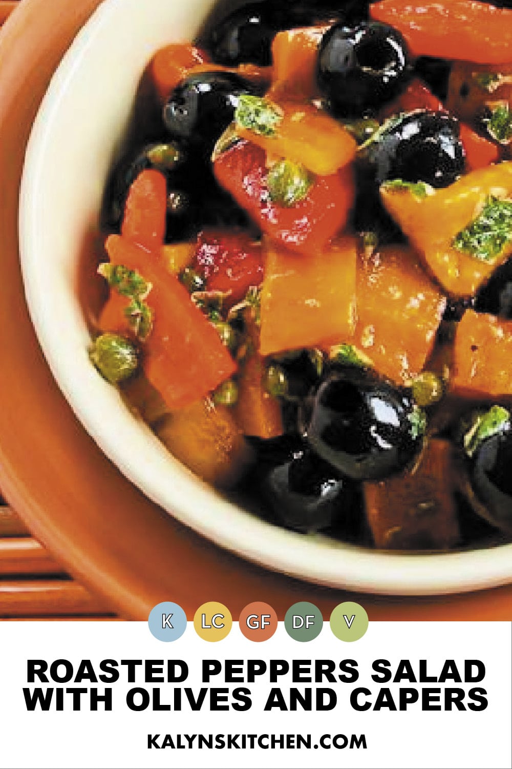 Pinterest image of Roasted Peppers Salad with Olives and Capers