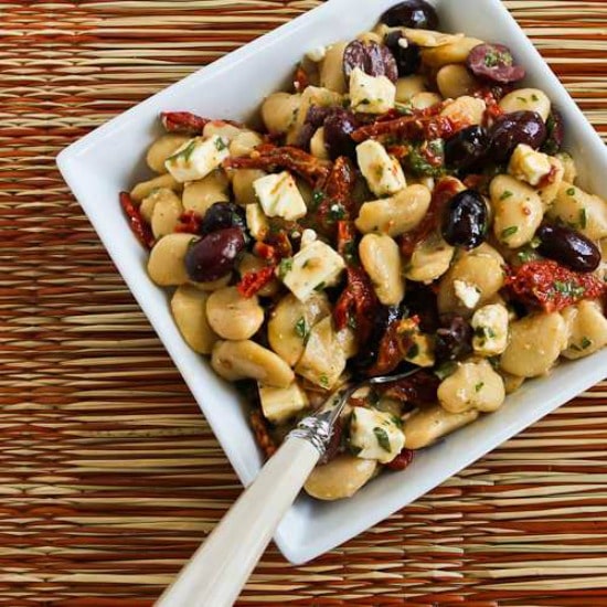 Butter Bean Salad with Sun-Dried Tomatoes, Kalamata Olives, Feta, and Basil Vinaigrette found on KalynsKitchen.com.