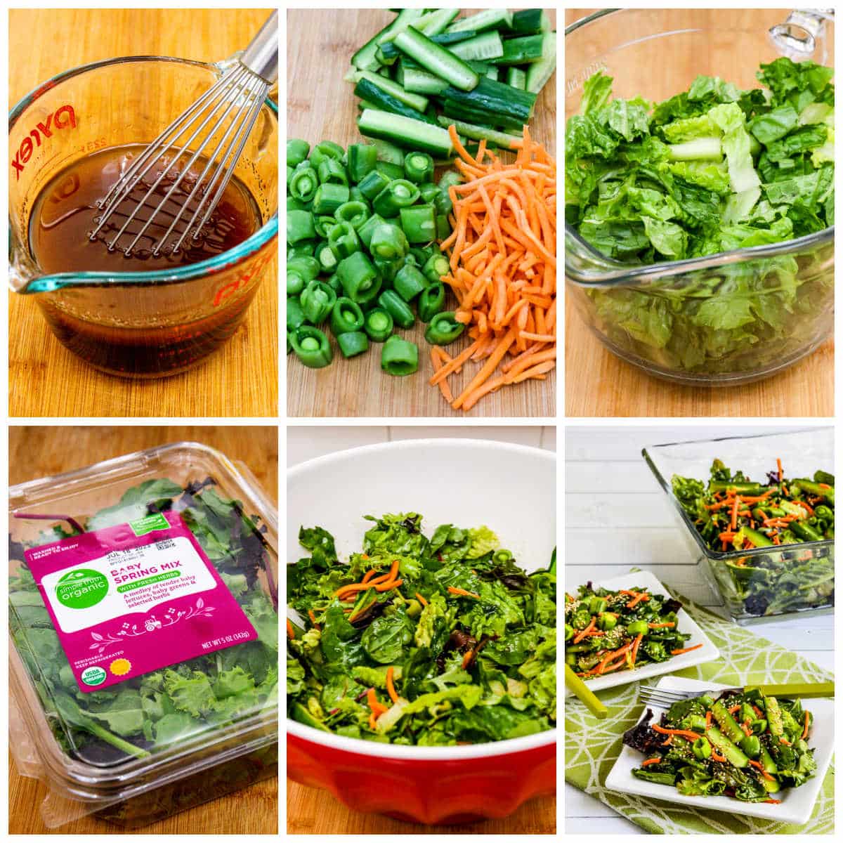 Collage showing recipe steps for Asian Green Salad with Soy-Sesame Dressing 