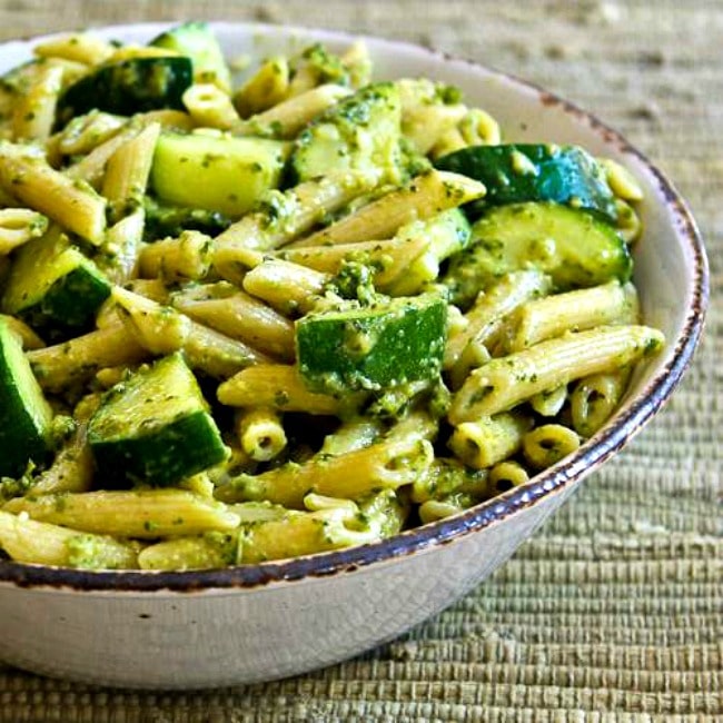 Pasta with Zucchini and Basil Pesto finished dish in serving bowl