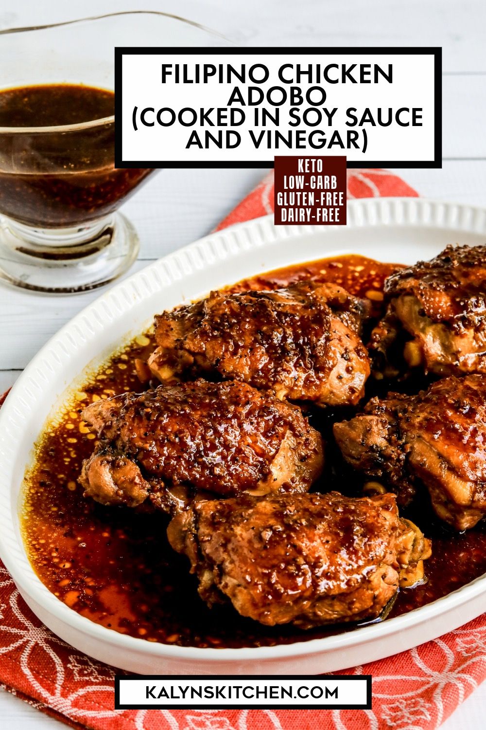 Pinterest image for Filipino Chicken Adobo (cooked in soy sauce and vinegar.)