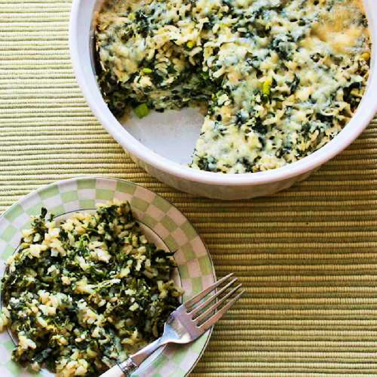 Square image for Spinach Feta Casserole with Brown Rice, one serving shown on plate with whole casserole in back.