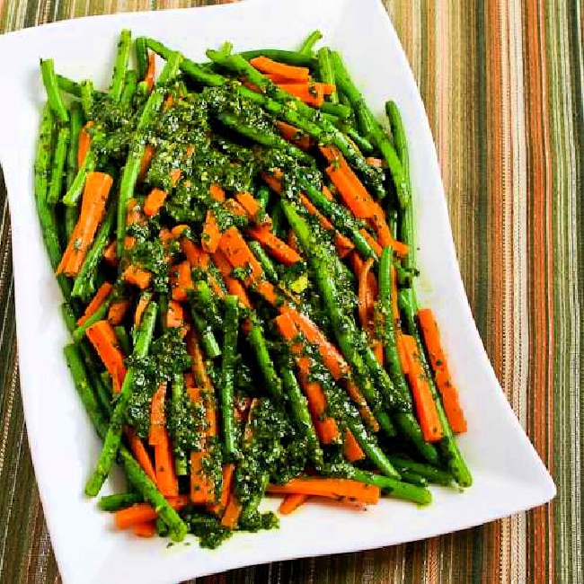 Green Beans and Carrots with Charmoula Sauce finished dish on serving plate