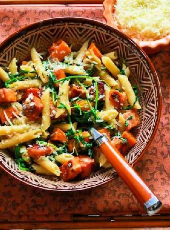 Pasta with Sweet Potatoes, Arugula, and Parmesan finished pasta in serving dish