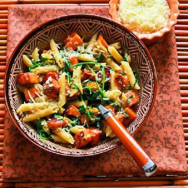 Pasta with Sweet Potatoes, Arugula, and Parmesan finished pasta in serving dish