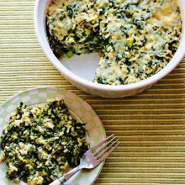 Spinach and Feta Casserole with Brown Rice finished casserole and one serving on plate