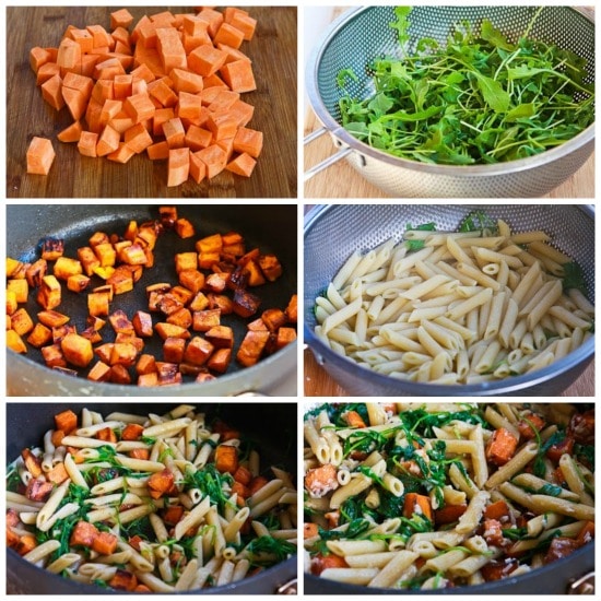 Easy Penne Pasta with Balsamic Sweet Potatoes, Arugula, and Parmesan found on KalynsKitchen.com