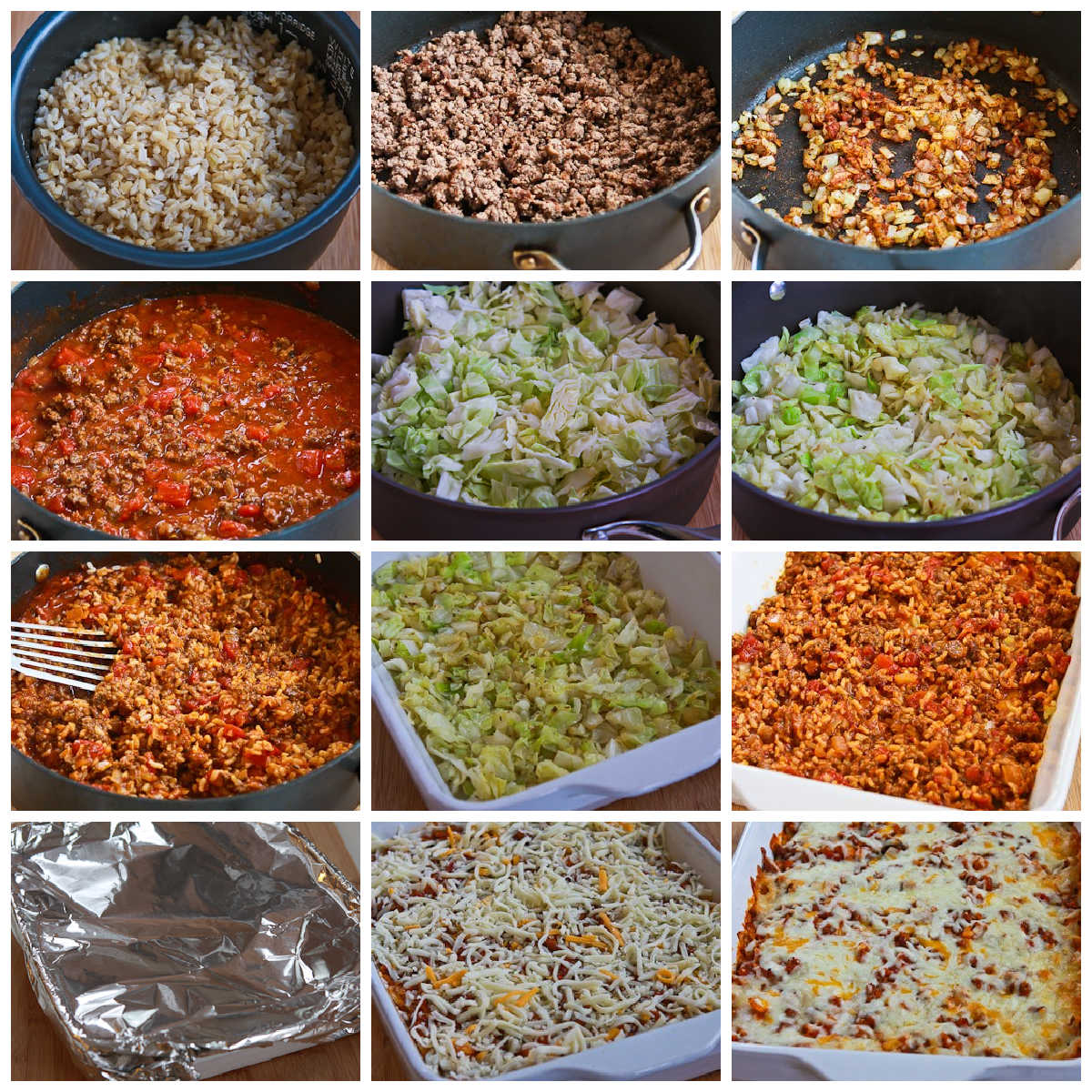 Photo collage for Deconstructed Stuffed Cabbage Casserole showing steps for the recipe.