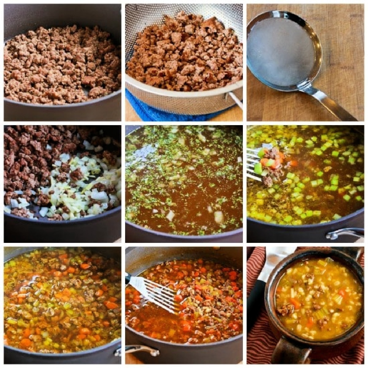 Collage of ground beef barley soup recipe steps