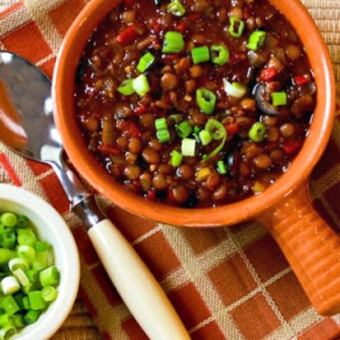 Vegan Lentil Chili with Roasted Red Peppers, Olives, and Green Onion found on KalynsKitchen.com