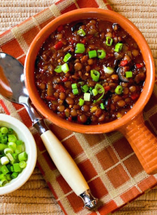 Vegan Lentil Chili with Roasted Red Peppers, Olives, and Green Onion found on KalynsKitchen.com