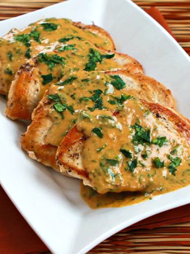 Chicken with Thai Curry Peanut Sauce finished dish on serving plate