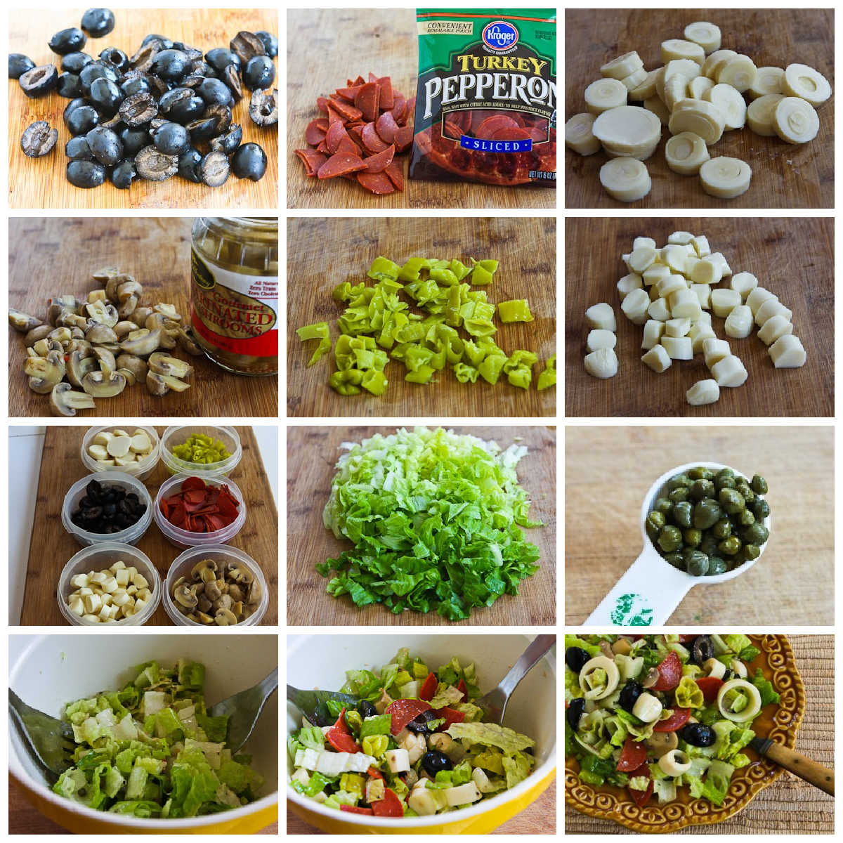 Collage showing steps for prepping and assembling antipasto chopped salad.