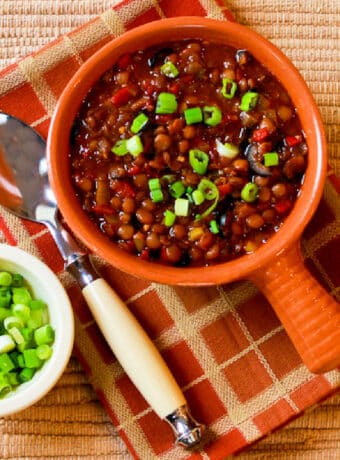 Vegan Lentil Chili shown with one bowl of chili and spoon, with green onions on the side.