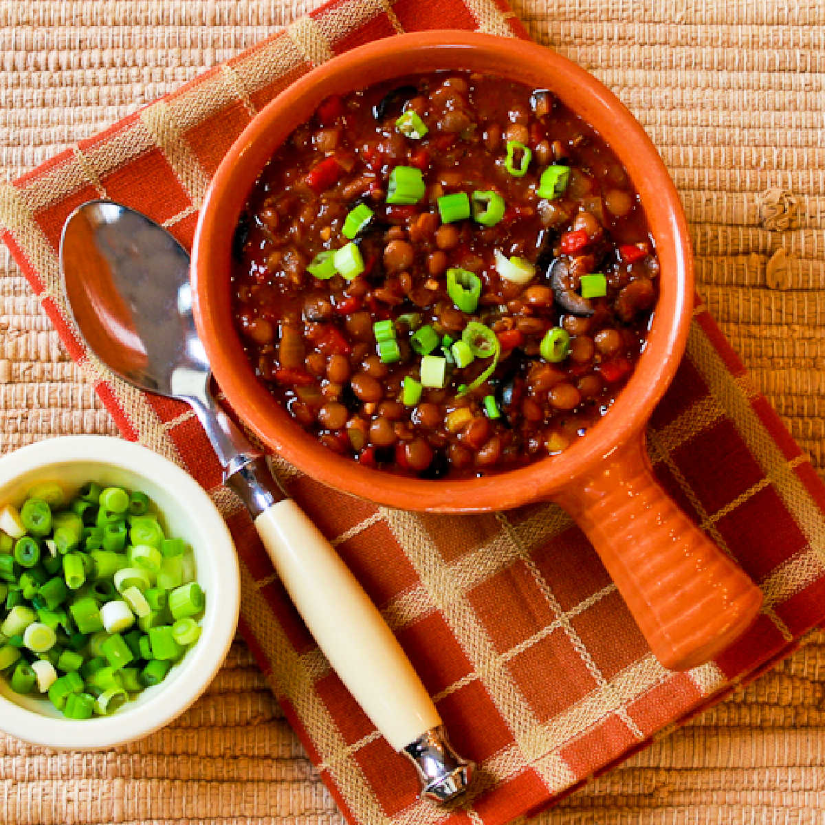 Square image for Vegan Lentil Chili shown with one bowl of chili and spoon, with green onions on the side.
