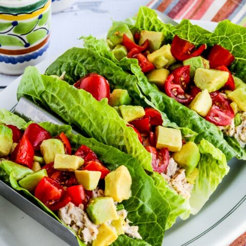 Tuna Salad Lettuce Wraps close-up photo of three lettuce wraps on plate