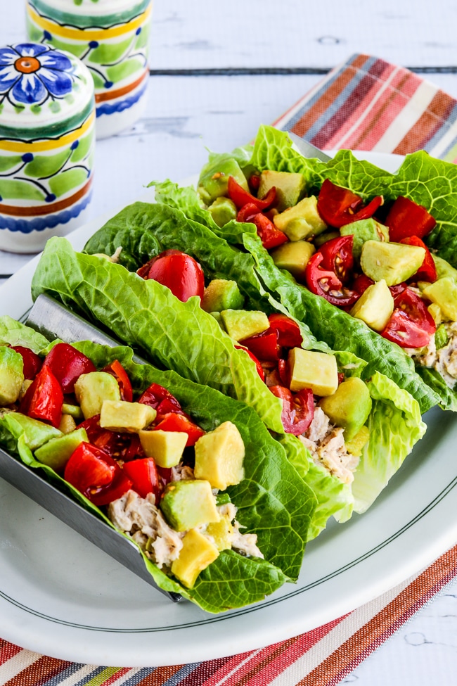 Tuna Salad Lettuce Wraps close-up photo of three lettuce wraps on plate