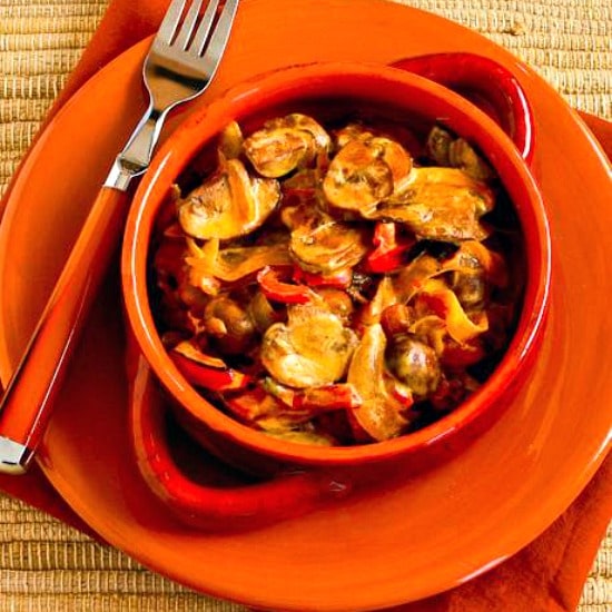 square image of Vegetarian Mushroom Stew in bowl on orange plate