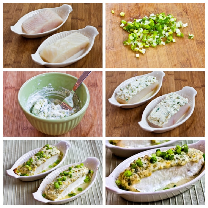 Baked Halibut with Sour Cream, Parmesan, and Dill Topping process shots collage