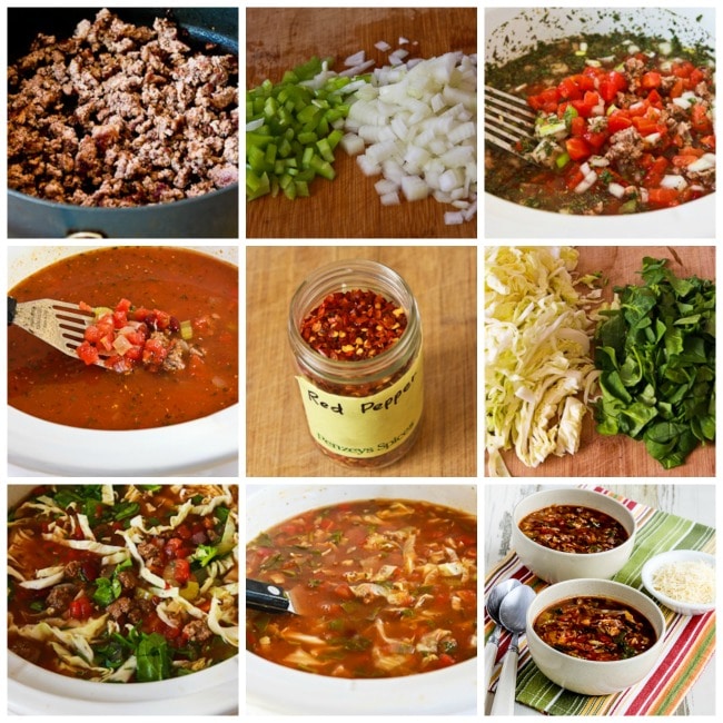 Slow Cooker Ground Beef Soup with Cabbage process shots collage