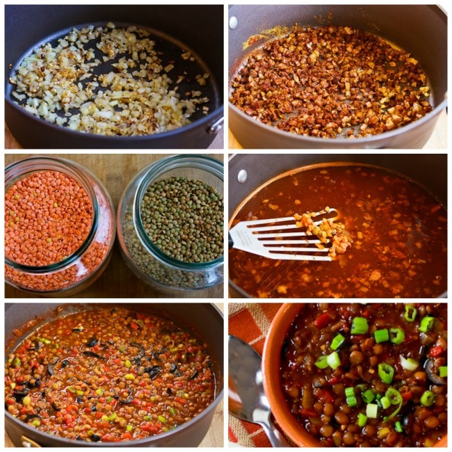 Vegan Lentil Chili with Roasted Red Peppers, Olives, and Green Onion process shots collage